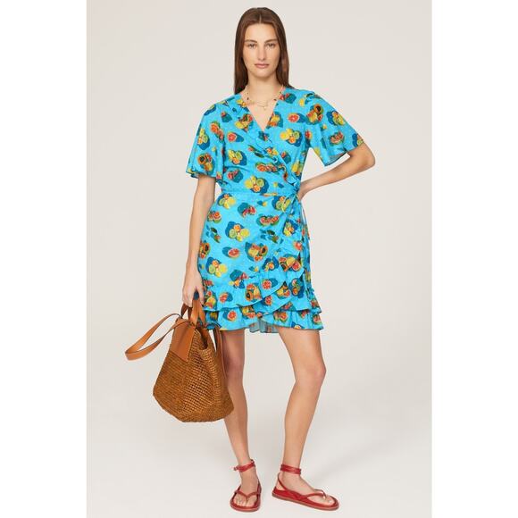 Rachel Antonoff Abby Blue Citrus Fruit Print Ruffle Wrap Mini Dress Size XS - Picture 1 of 12